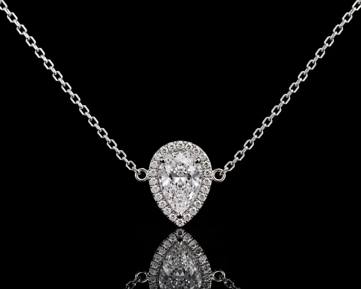 Pear Halo Necklace - White Gold