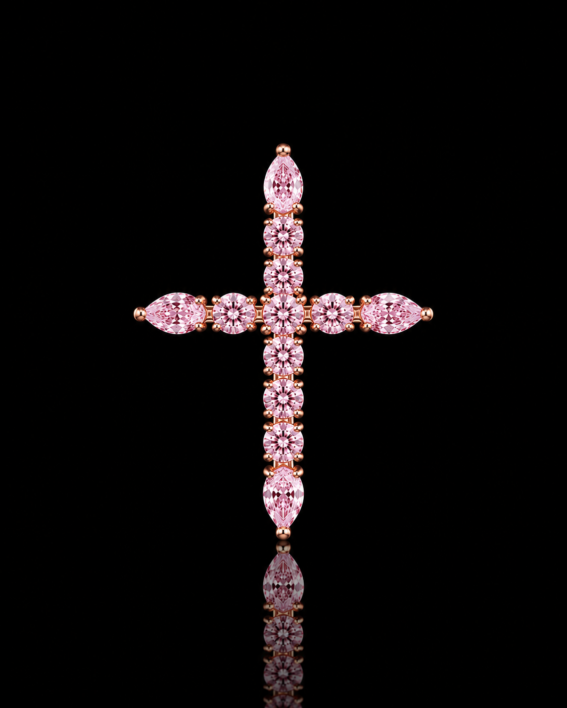 Pink Tennis Cross Pendant - Rose Gold